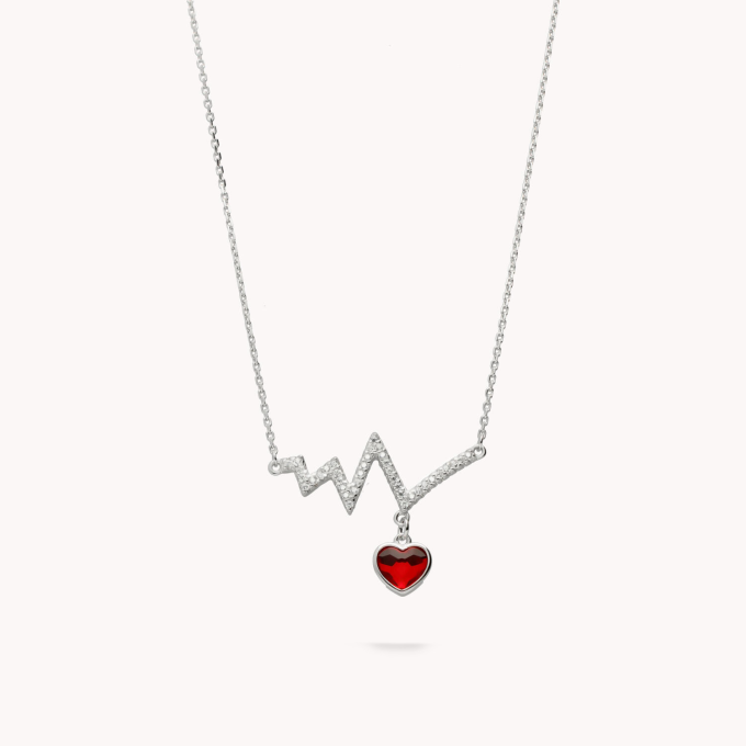 Collar Ok Silver electrocardiograma con corazón rojo